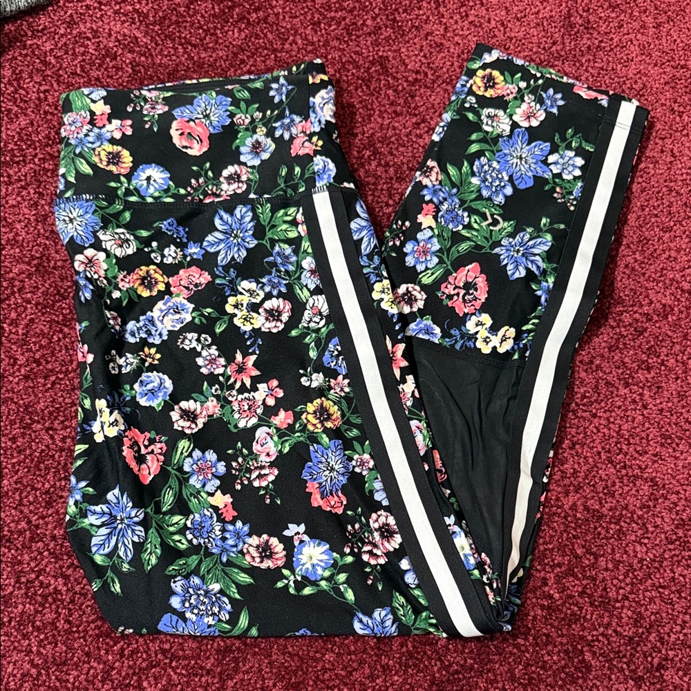Calvin Klein Black Floral Stripe Performance  Leggings size large